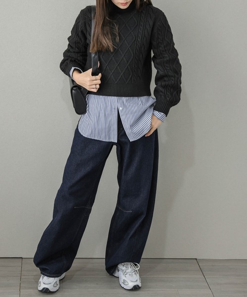 AMELY（エミリー）の「ショート丈ケーブルニット（ニット/セーター・レディース・ベージュ/ブラック/オートミール/グレー・フリー）」の22枚目の写真
