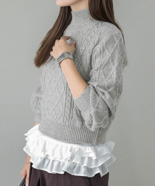 AMELY（エミリー）の「ショート丈ケーブルニット（ニット/セーター・レディース・ベージュ/ブラック/オートミール/グレー・フリー）」の21枚目の写真