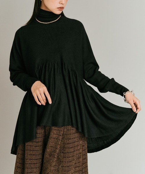 W:Huku(フーク)の「【W:Huku / ウールミックス ライト ニット】タートルネック ペプラム チュニック トップス / Wool-Blend Lightweight Knit Peplum Top(ニット/セーター・レディース・ブラック/チャコール/ライトグレー/ブラウン・FREE)」の15枚目の写真