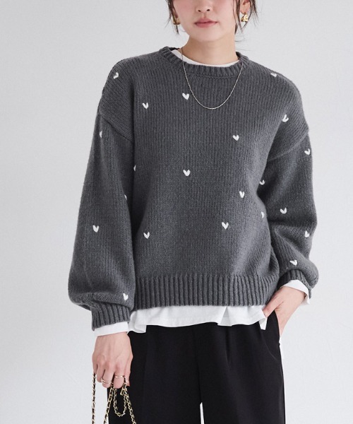 黒のハートとA刺繍ニットセーター ハート刺繍ニット（ニット/セーター）｜Pierrot（ピエロ）の