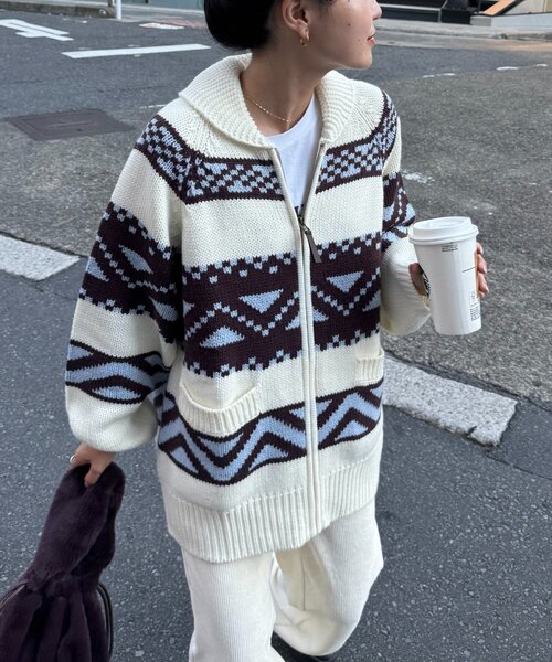 WILLOW(ウィロー)の「【willow】カウチンオーバーニットZIPカーデ(カーディガン/ボレロ・レディース・ブラック/オフホワイト・ONE SIZE)」の20枚目の写真