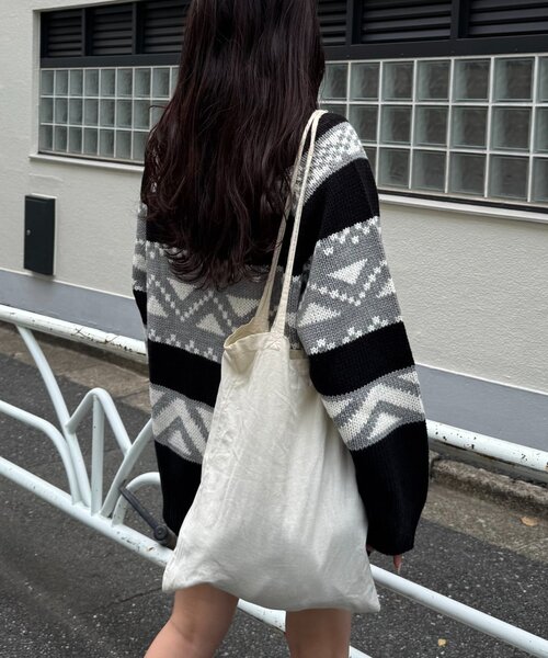 WILLOW(ウィロー)の「【willow】カウチンオーバーニットZIPカーデ(カーディガン/ボレロ・レディース・ブラック/オフホワイト・ONE SIZE)」の6枚目の写真