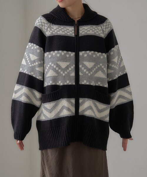 WILLOW(ウィロー)の「【willow】カウチンオーバーニットZIPカーデ(カーディガン/ボレロ・レディース・ブラック/オフホワイト・ONE SIZE)」の8枚目の写真