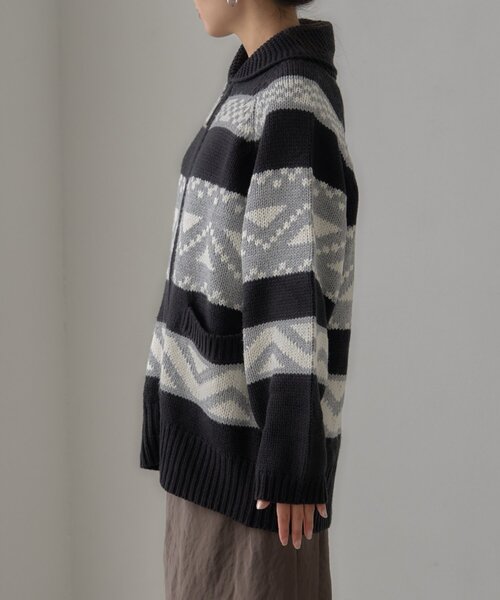 WILLOW(ウィロー)の「【willow】カウチンオーバーニットZIPカーデ(カーディガン/ボレロ・レディース・ブラック/オフホワイト・ONE SIZE)」の12枚目の写真