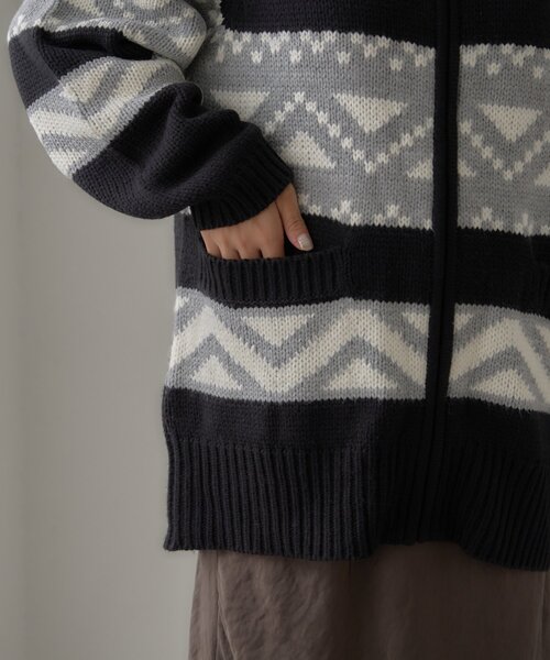 WILLOW(ウィロー)の「【willow】カウチンオーバーニットZIPカーデ(カーディガン/ボレロ・レディース・ブラック/オフホワイト・ONE SIZE)」の15枚目の写真