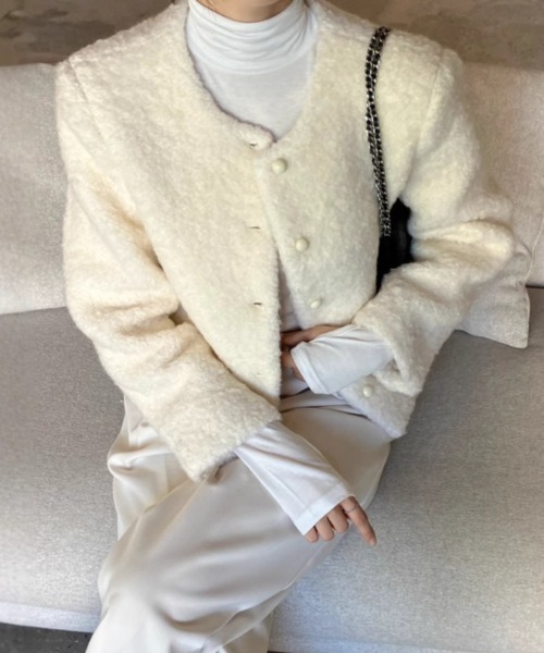 FREE STYLISTS(フリー スタイリスト)の「YUGA_YGMC Wool-like jacket coat(ノーカラーコート・レディース・ホワイト/キャメル・FREE)」の1枚目の写真