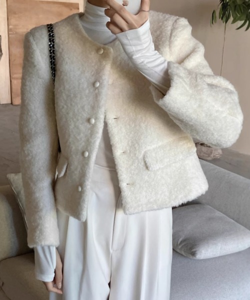 FREE STYLISTS(フリー スタイリスト)の「YUGA_YGMC Wool-like jacket coat(ノーカラーコート・レディース・ホワイト/キャメル・FREE)」の16枚目の写真