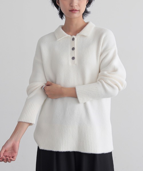 for/c（フォーシー）の「[セットアップ対応]フェザーロングスリーブニットポロ【サスティナブル】（ニット/セーター・レディース・ライトグレー/オフホワイト/ブルー・LL/M/L）」の2枚目の写真
