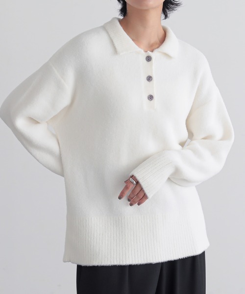 for/c（フォーシー）の「[セットアップ対応]フェザーロングスリーブニットポロ【サスティナブル】（ニット/セーター・レディース・ライトグレー/オフホワイト/ブルー・LL/M/L）」の12枚目の写真