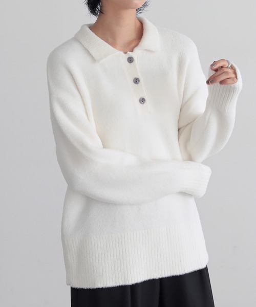 for/c（フォーシー）の「[セットアップ対応]フェザーロングスリーブニットポロ【サスティナブル】（ニット/セーター・レディース・ライトグレー/オフホワイト/ブルー・LL/M/L）」の13枚目の写真
