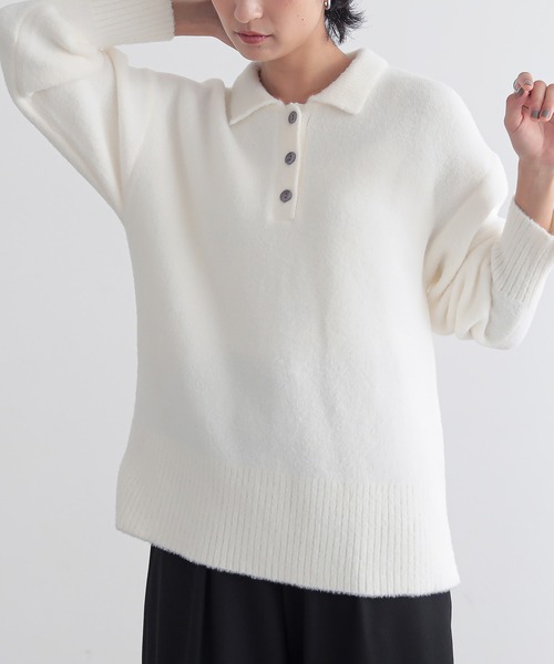 for/c（フォーシー）の「[セットアップ対応]フェザーロングスリーブニットポロ【サスティナブル】（ニット/セーター・レディース・ライトグレー/オフホワイト/ブルー・LL/M/L）」の14枚目の写真
