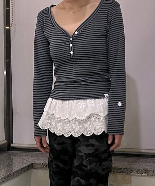THE GREEN LAB（ザグリーンラボ）の「ストライプヘンリーネックロングスリーブ[ブラック]（Tシャツ/カットソー・レディース・その他・FREE）」の5枚目の写真