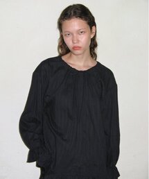 PUFF SHIRRING STRIPE BLOUSE (BLACK)