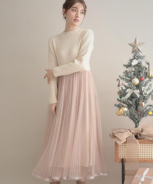 couture brooch(クチュールブローチ)の「【S-LL/キラキラリブニット】チュールドッキング ワンピース(ワンピース・レディース・アイボリー/ブラック/サンドベージュ・36/38/40/42)」の1枚目の写真