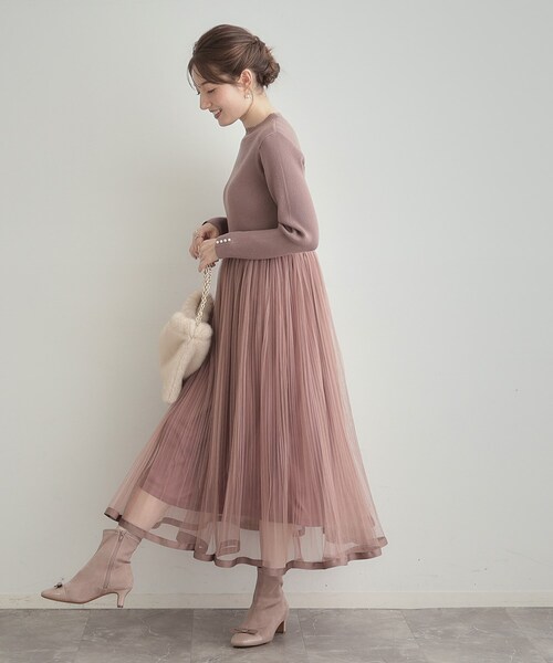 couture brooch(クチュールブローチ)の「【S-LL/キラキラリブニット】チュールドッキング ワンピース(ワンピース・レディース・アイボリー/ブラック/サンドベージュ・36/38/40/42)」の14枚目の写真