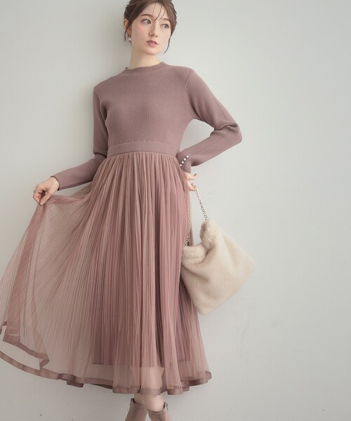 couture brooch(クチュールブローチ)の「【S-LL/キラキラリブニット】チュールドッキング ワンピース(ワンピース・レディース・アイボリー/ブラック/サンドベージュ・36/38/40/42)」の17枚目の写真