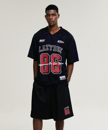 LAZYBEE（レイジービー）の「[SET] ラグビージャージTシャツオーバーサイズ半袖 + バミューダパンツショートパンツセット M ブラック2（セットアップ）」