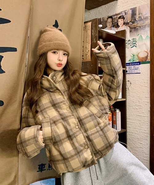 ソロイスト チェック柄 ジップ ブルゾン 44サイズ セール】チェック柄 スタンドカラーダウンジャケット（ダウン