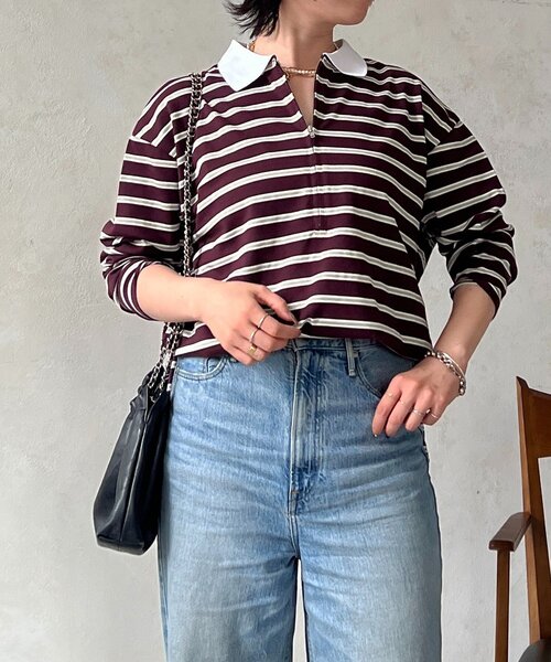 un dix cors（アンディコール）の「ジップボーダー長袖プルオーバー（Tシャツ/カットソー・レディース・ブラック/オフホワイト・FREE）」の4枚目の写真