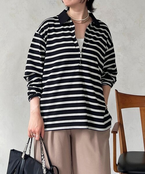 un dix cors（アンディコール）の「ジップボーダー長袖プルオーバー（Tシャツ/カットソー・レディース・ブラック/オフホワイト・FREE）」の6枚目の写真