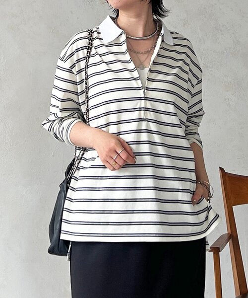 un dix cors（アンディコール）の「ジップボーダー長袖プルオーバー（Tシャツ/カットソー・レディース・ブラック/オフホワイト・FREE）」の9枚目の写真