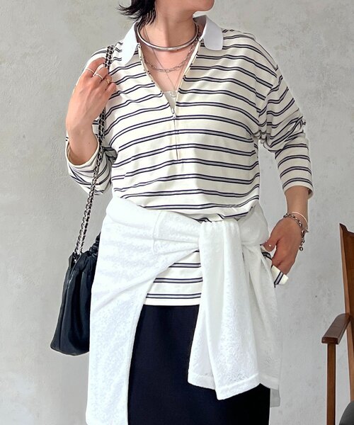 un dix cors（アンディコール）の「ジップボーダー長袖プルオーバー（Tシャツ/カットソー・レディース・ブラック/オフホワイト・FREE）」の10枚目の写真