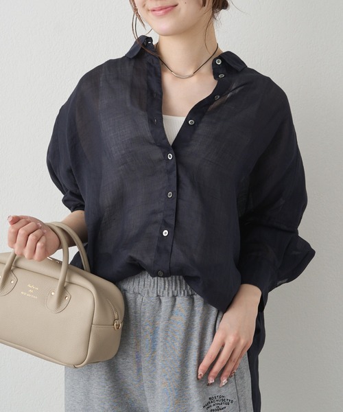 PUAL CE CIN(ピュアルセシン)の「ラミーオーバーシャツブラウス(シャツ/ブラウス・レディース・ライトグレー/ネイビー/サックスブルー/ピンク/キャメル・FREE)」の3枚目の写真