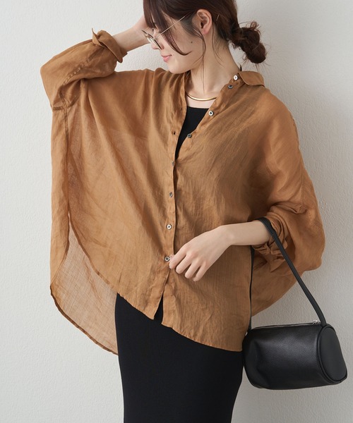 PUAL CE CIN(ピュアルセシン)の「ラミーオーバーシャツブラウス(シャツ/ブラウス・レディース・ライトグレー/ネイビー/サックスブルー/ピンク/キャメル・FREE)」の1枚目の写真