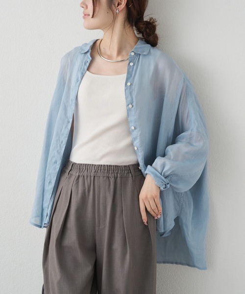 PUAL CE CIN(ピュアルセシン)の「ラミーオーバーシャツブラウス(シャツ/ブラウス・レディース・ライトグレー/ネイビー/サックスブルー/ピンク/キャメル・FREE)」の4枚目の写真