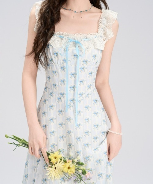 gossip!ロサンゼルス(ゴシップロサンゼルス)の「【Y2Kガーリー】レトロ フラワー柄 レース キャミワンピース(リボン/Aライン/ロング丈)(ワンピース・レディース・ブルー・FREE)」の9枚目の写真