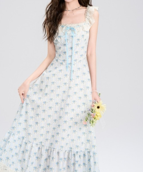 gossip!ロサンゼルス(ゴシップロサンゼルス)の「【Y2Kガーリー】レトロ フラワー柄 レース キャミワンピース(リボン/Aライン/ロング丈)(ワンピース・レディース・ブルー・FREE)」の10枚目の写真