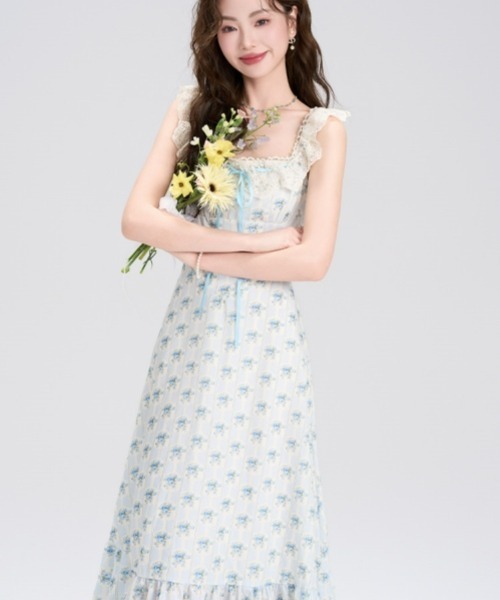gossip!ロサンゼルス(ゴシップロサンゼルス)の「【Y2Kガーリー】レトロ フラワー柄 レース キャミワンピース(リボン/Aライン/ロング丈)(ワンピース・レディース・ブルー・FREE)」の11枚目の写真