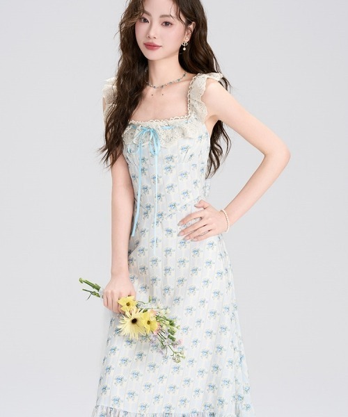 gossip!ロサンゼルス(ゴシップロサンゼルス)の「【Y2Kガーリー】レトロ フラワー柄 レース キャミワンピース(リボン/Aライン/ロング丈)(ワンピース・レディース・ブルー・FREE)」の12枚目の写真