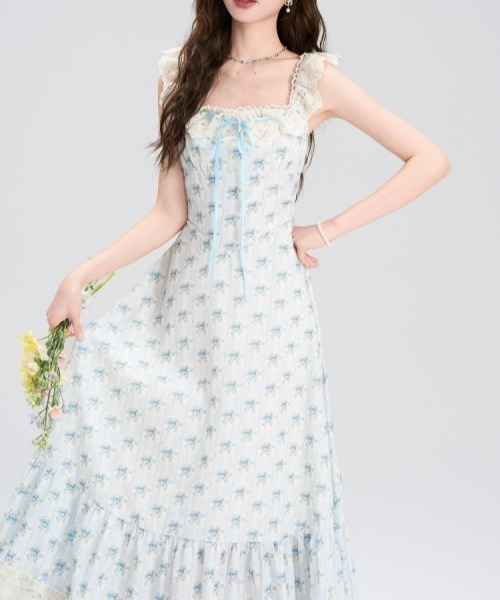 gossip!ロサンゼルス(ゴシップロサンゼルス)の「【Y2Kガーリー】レトロ フラワー柄 レース キャミワンピース(リボン/Aライン/ロング丈)(ワンピース・レディース・ブルー・FREE)」の13枚目の写真