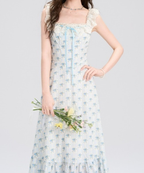 gossip!ロサンゼルス(ゴシップロサンゼルス)の「【Y2Kガーリー】レトロ フラワー柄 レース キャミワンピース(リボン/Aライン/ロング丈)(ワンピース・レディース・ブルー・FREE)」の16枚目の写真