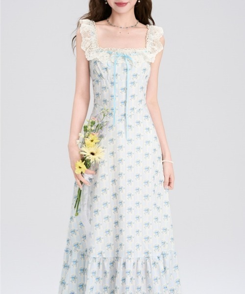 gossip!ロサンゼルス(ゴシップロサンゼルス)の「【Y2Kガーリー】レトロ フラワー柄 レース キャミワンピース(リボン/Aライン/ロング丈)(ワンピース・レディース・ブルー・FREE)」の17枚目の写真