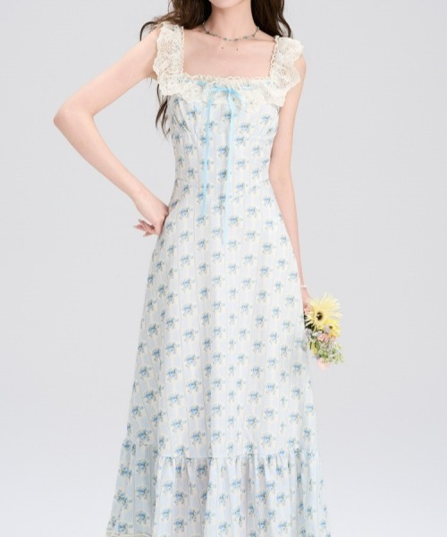 gossip!ロサンゼルス(ゴシップロサンゼルス)の「【Y2Kガーリー】レトロ フラワー柄 レース キャミワンピース(リボン/Aライン/ロング丈)(ワンピース・レディース・ブルー・FREE)」の18枚目の写真