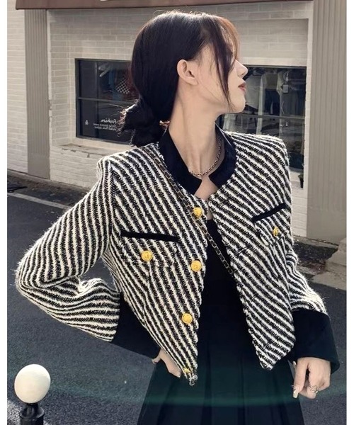 inst.ALL（インストール）の「ゴールド釦バイカラージャケット（その他アウター・レディース・ブラック×ホワイト・M）」の12枚目の写真