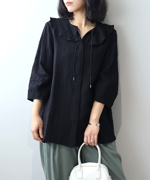 leswel(レスウェル)の「【M~5L】ドビーチェックフリルカラーブラウス(シャツ/ブラウス・レディース・グリーン/グレー/ブラック・L/LL/3L/4L/5L/M)」の5枚目の写真
