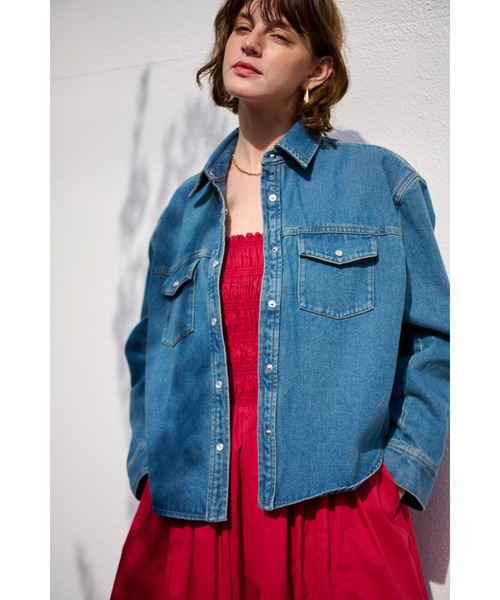 Estella.K(エステラケー)の「Isadora Denim Shirt Jacket クロップデニムシャツジャケット(デニムジャケット・レディース・ネイビー・FREE)」の1枚目の写真