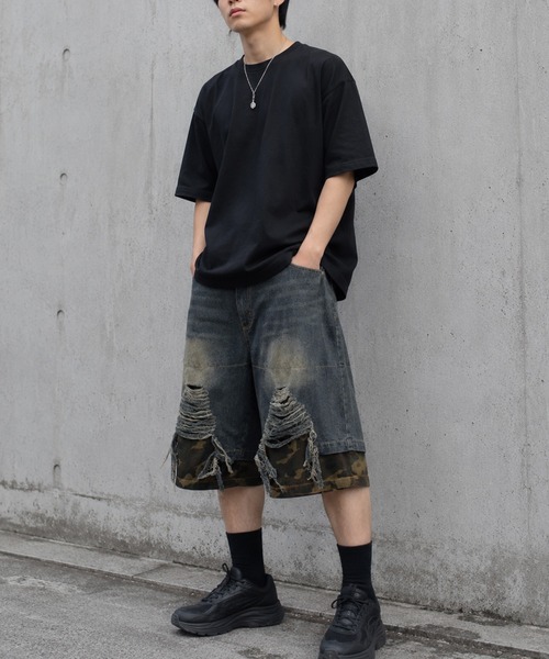 NYLAUS(ナイラス)の「【NYS】2026新作 異素材 クラッシュダメージ ハーフパンツ ショーツ デニムハーフパンツ(デニムパンツ・メンズ・ブラック系その他/ブラック/ネイビー・L/M)」の5枚目の写真