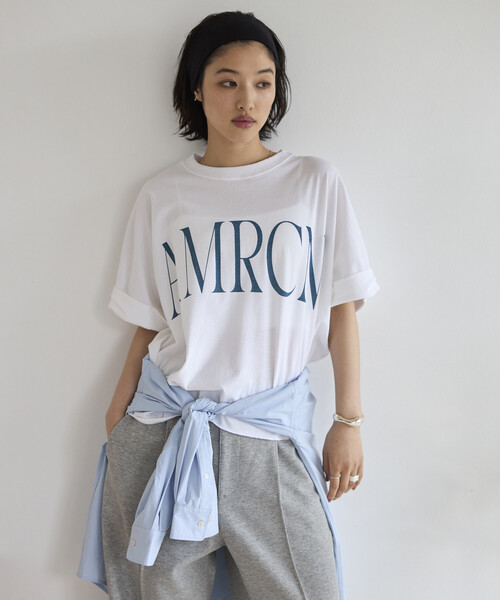 AMERICANA（アメリカーナ）の「Americana/アメリカーナ 別注 クロップド ワイドシルエット ロールアップTシャツ（Tシャツ/カットソー・レディース・チャコールグレー/ホワイト/ブラウン・ONE SIZE）」の6枚目の写真