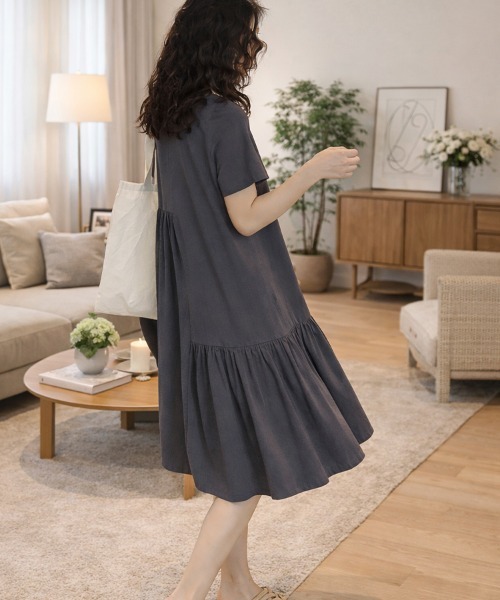 mielu（ミエル）の「半袖フリルワンピース（ワンピース・レディース・ブラック/チャコールグレー・LARGE/MEDIUM）」の8枚目の写真