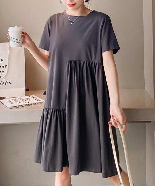 mielu（ミエル）の「半袖フリルワンピース（ワンピース・レディース・ブラック/チャコールグレー・LARGE/MEDIUM）」の11枚目の写真