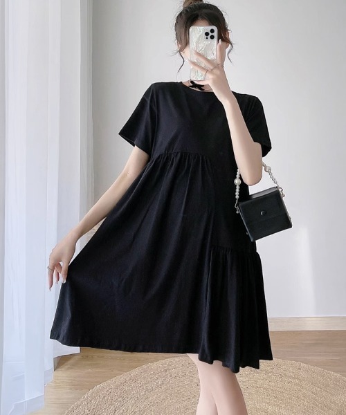 mielu（ミエル）の「半袖フリルワンピース（ワンピース・レディース・ブラック/チャコールグレー・LARGE/MEDIUM）」の4枚目の写真