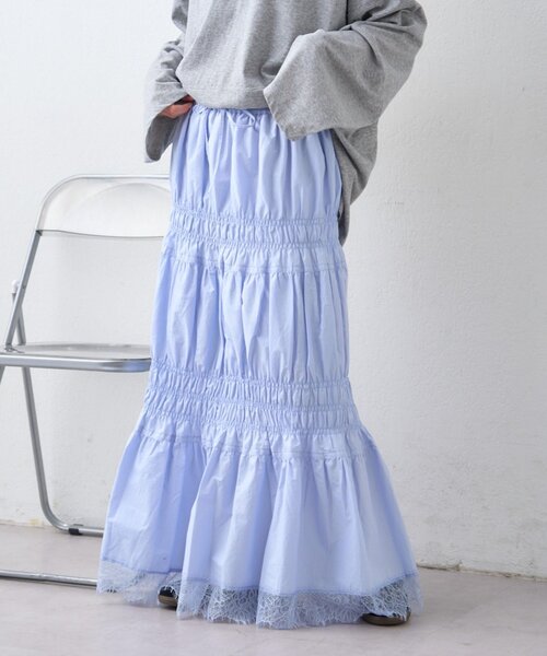 CIAOPANIC TYPY（チャオパニックティピー）の「裾レースシャーリングスカート（スカート・レディース・ホワイト/サックスブルー/ブラック・ONE SIZE）」の12枚目の写真