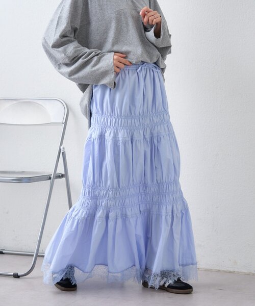 CIAOPANIC TYPY（チャオパニックティピー）の「裾レースシャーリングスカート（スカート・レディース・ホワイト/サックスブルー/ブラック・ONE SIZE）」の5枚目の写真