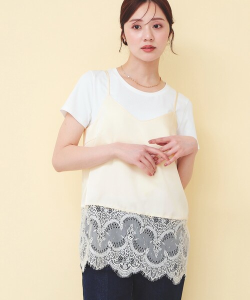 index(インデックス)の「サテンレースキャミソール【洗濯機OK】(タンクトップ・レディース・ブラック/アイボリー・00)」の1枚目の写真