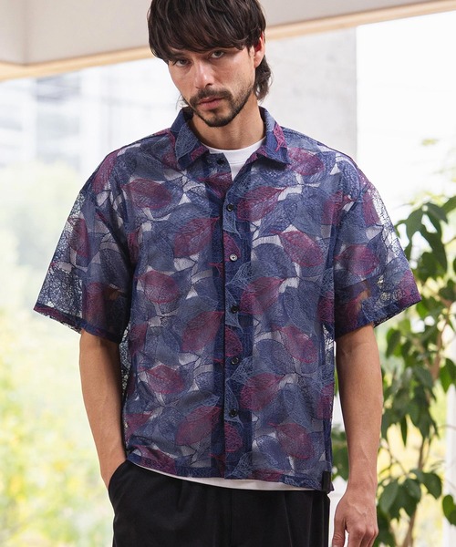 CAMBIO(カンビオ)の「mhs2624-Leaf Pattern Sheer Short Sleeve Shirts 半袖シャツ(PF-261-024)(シャツ/ブラウス・メンズ・ネイビー/ブラック・M/L)」の3枚目の写真