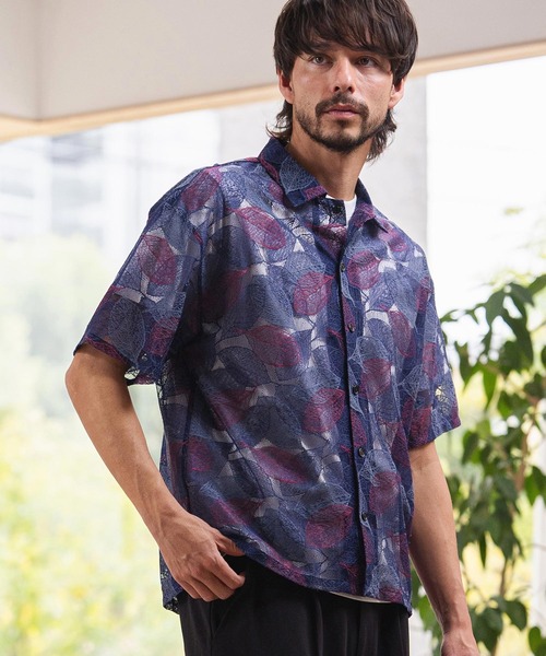 CAMBIO(カンビオ)の「mhs2624-Leaf Pattern Sheer Short Sleeve Shirts 半袖シャツ(PF-261-024)(シャツ/ブラウス・メンズ・ネイビー/ブラック・M/L)」の4枚目の写真